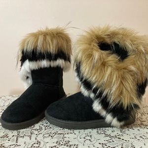 Women Mid Calf Boot Black Suede & Faux Fur Tassel Winter Snow Boots Size 7